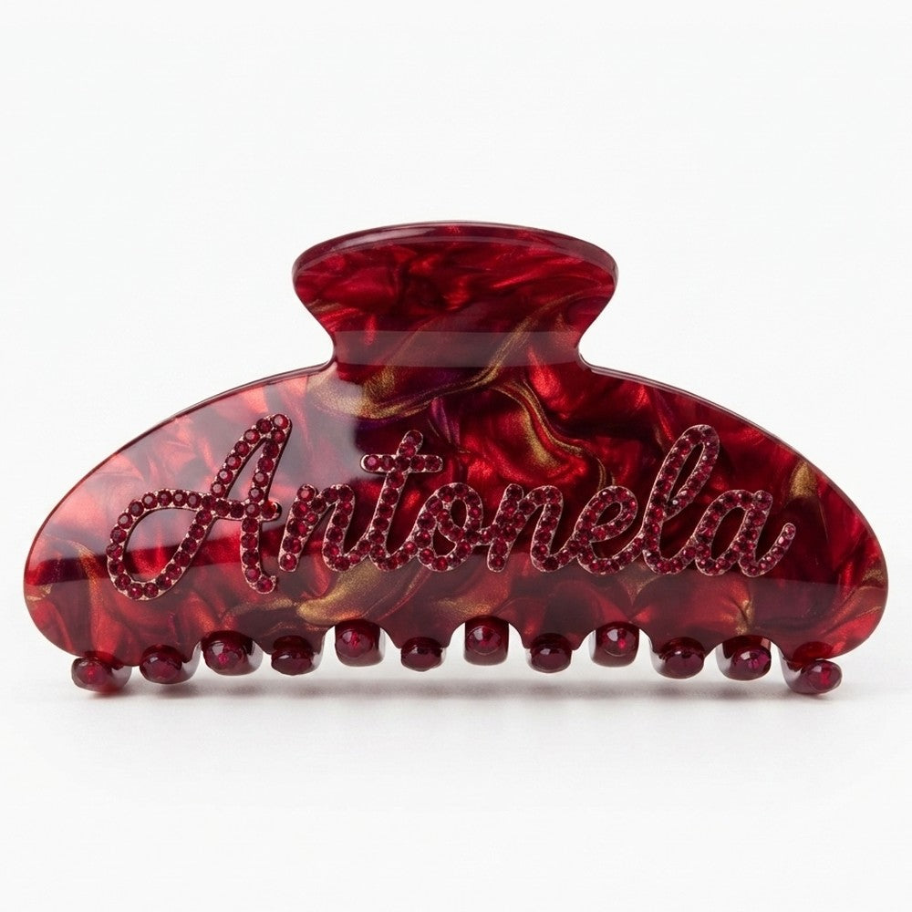 Hair Clip Fire marmorizado vermelho com nome em strass
